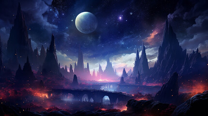 Obraz premium Panoramic view of Night sky glows with stars and mistic planets, generative ai