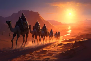 Foto op Canvas Traveler riding a camel on background © Tidarat