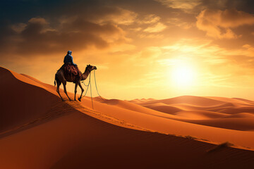 Fototapeta na wymiar Traveler riding a camel on background