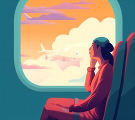 person woman trip seat flight passenger transportation window journey plane character. Generative AI.
