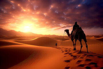 Traveler riding a camel on background
