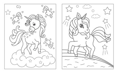 Fototapeta na wymiar Coloring page with cute unicorn. Vector black and white image for children. Cool unicorns with rainbow, flowers, sweets.