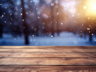 Naklejka na ściany i meble Old wood table background winter Christmas background blur behind wooden table