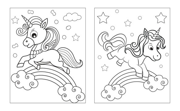 Coloring page with cute unicorn. Vector black and white image for children. Cool unicorns with rainbow, flowers, sweets.
