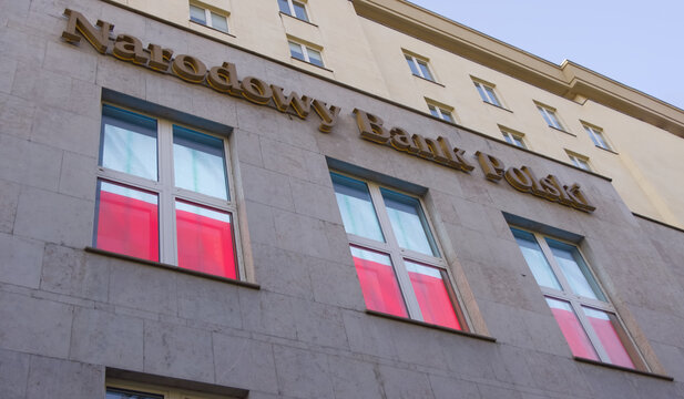 View of the National Bank of Poland (Narodowy Bank Polski, NBP) headquarters and logotype, Warsaw, Poland - August 20, 2023