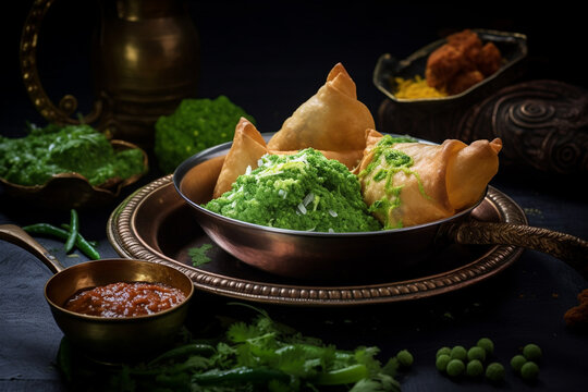 Indian snacks vegetable Samosas a spicy blend of vegetables wrapped in a deep fried triangular pastry parcel, fried Indian food . AI Generative