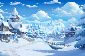 Fototapeta na wymiar anime style background, a village in winter
