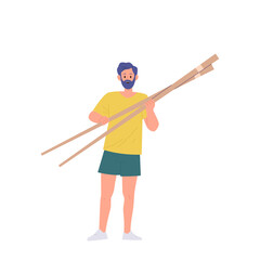 Happy man cartoon character holding huge Chinese wooden chopstick traditional kitchen utensils