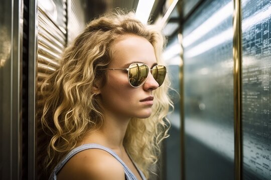 rearview shot of a young woman wearing sunglasses indoors