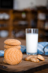 Homemade biscuits. Round homemade cookies with milk. Homemade cakes.