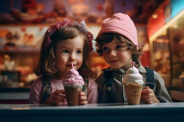 Deurstickers adorable little girl and a boy eating ice cream inside a shop, kids enjoying ice cream in waffle cone, cute little boy and a girl wearing cute outfits and having ice cream waffle cones, AI generated © Ishra