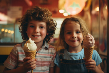 adorable little girl and a boy eating ice cream inside a shop, kids enjoying ice cream in waffle cone, cute little boy and a girl wearing cute outfits and having ice cream waffle cones, AI generated