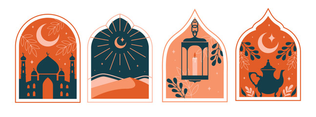 Collection of windows and arches in oriental islamic style with cute illustrations of mosque dome, crescent, star, lantern, teapot, plants, leaves, landscape, candle. Vector badges in flat boho style.