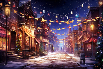 Fototapeta na wymiar anime style background, a christmas market