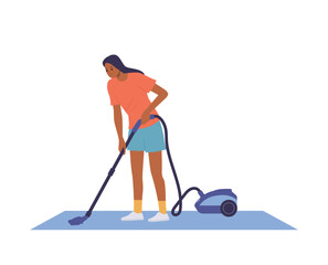 Young woman housewife character cleaning home floor with vacuum cleaner machine doing household