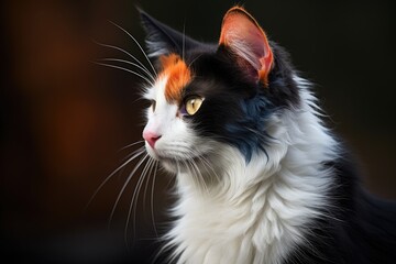 portrait of a fluffy tricolor cat outside