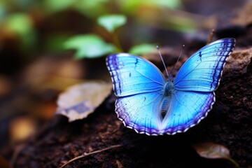 blue butterfly on a green leaf outside