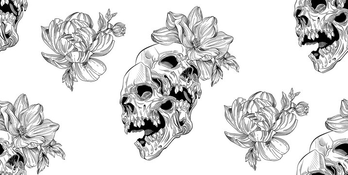 Skull and flower on white background. illustration fot t shirt, print and stickers.