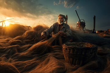 Old fisherman with his fishing nets on the fisherman boat