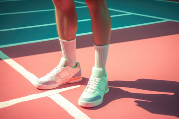 Obraz premium Cropped image of young woman legs in white sneakers standing on pink court