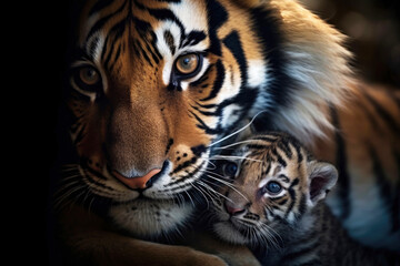 Fototapeta premium Tiger cub with its mother close up.
