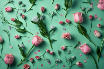 Pink tulips on a green background. Top view, lay out