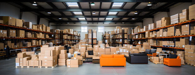 Interior of a modern warehouse storage and cardboard boxes for advertising and background