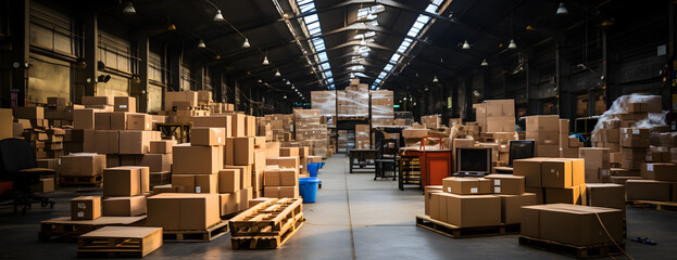 Interior of a modern warehouse storage and cardboard boxes for advertising and background