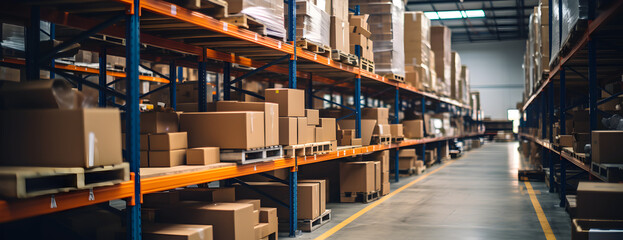 Fototapeta premium Interior of a modern warehouse storage and cardboard boxes for advertising and background