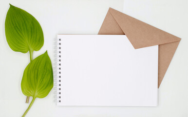 Mockup for holiday or business card, white notepad on an envelope with green leaf of tropical plant...