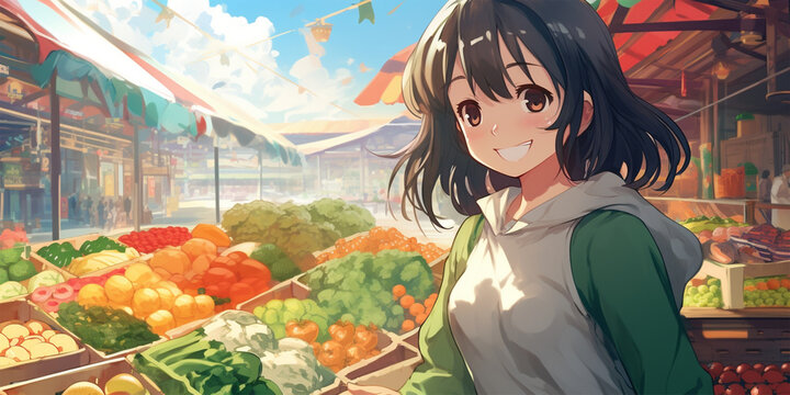 nime style background, a girl is shopping in the market