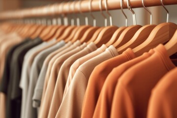 Fototapeta premium Plain new apricot sweatshirts on hangers clothing store. Sale, shopping . Casual clothes for autumn season. Close up.