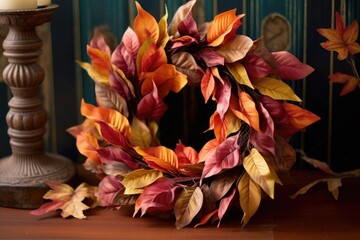Obraz premium fall wreath with vibrant leaves on a table