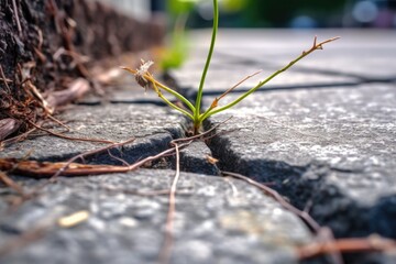 macro shot of dandelion roots cracking pavement