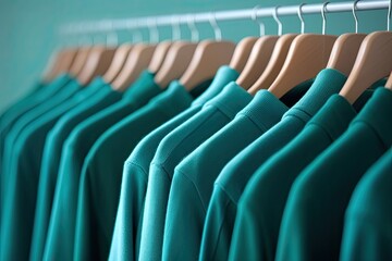 Obraz premium Plain new apricot sweatshirts on hangers clothing store. Sale, shopping . Casual clothes for autumn season. Close up.