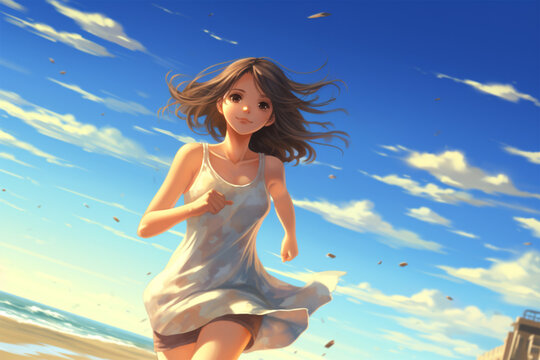 a beautiful girl wearing a miniskirt running on the beach, anime style