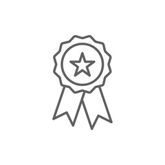 Rosette stamp icon. Simple outline style. Winner medal with star and ribbon, award, first place badge, best quality concept. Thin line symbol. Vector isolated on white background. Editable stroke SVG.