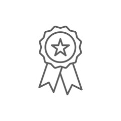Naklejka premium Rosette stamp icon. Simple outline style. Winner medal with star and ribbon, award, first place badge, best quality concept. Thin line symbol. Vector isolated on white background. Editable stroke SVG.