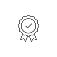 Rosette stamp icon. Simple outline style. Guarantee, warranty, certificate, medal with check mark, ribbon, quality concept. Thin line symbol. Vector isolated on white background. Editable stroke SVG.