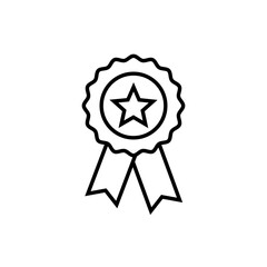 Rosette stamp icon. Simple outline style. Winner medal with star and ribbon, award, first place badge, best quality concept. Thin line symbol. Vector isolated on white background. SVG.
