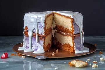 cracked cake with icing oozing out of gaps