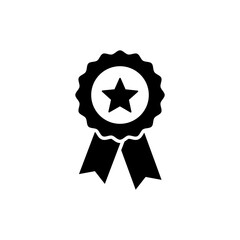 Rosette stamp icon. Simple solid style. Winner medal with star and ribbon, award, first place badge, best quality concept. Black silhouette, glyph symbol. Vector isolated on white background. SVG.