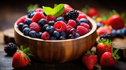 A close-up of a rustic wooden bowl filled with mixed berries - strawberries, blueberries, and raspberries. Bathed in natural sunlight, the vibrant colors of these fresh, organic fruits create a mouth