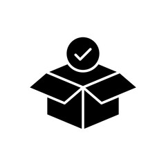 Box check icon. Simple solid style. Receive product, delivery package, open order, cardboard, bulk, unpack box concept. Black silhouette, glyph symbol. Vector isolated on white background. SVG.