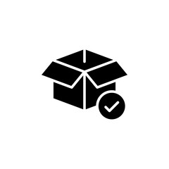 Box check icon. Simple solid style. Receive product, delivery package, open order, cardboard, bulk, unpack box concept. Black silhouette, glyph symbol. Vector isolated on white background. SVG.
