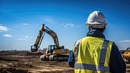 Fototapeta premium Construction worker in dark blue uniform and white hard hat operating heavy machinery on a construction site with clear blue sky and scattered clouds. High-quality stock image of a worker in the vici