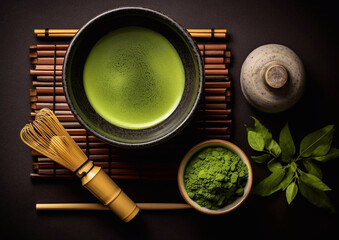 Matcha green tea with bamboo whisk and powder on wooden table.Top view.Macro.AI Generative