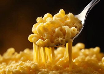 Spoon with creamy mac and cheese pasta.Macro.AI Generative
