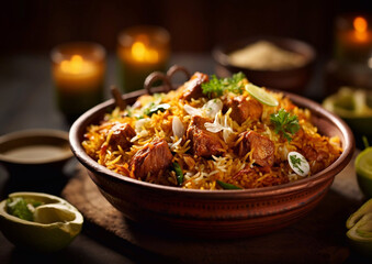 Traditional iranian biryani meal with chicken and rice on table.Macro.AI Generative