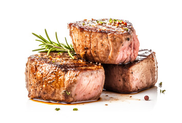 Closeup Isolated of delicious Juicy grilled medium rare beef steaks with spices white background , AI generative technology.